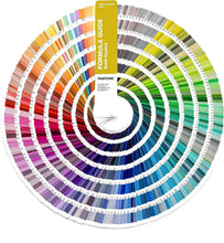 Load image into Gallery viewer, A fully opened circular Pantone Formula Guide solid coated uncoated colour swatch fan on a white background, displaying a wide spectrum of colour options arranged in concentric rings.