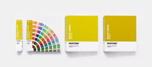 Load image into Gallery viewer, PANTONE Solid Chips Color Guide set GP1608C, including two fan guides colour and two solid chips boxes in yellow and white on a light grey background.
